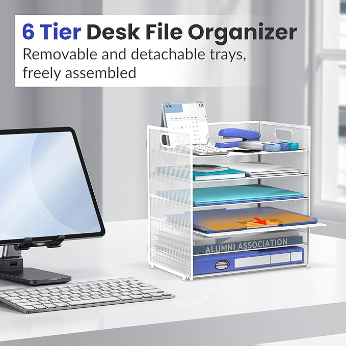 Daltack 6 Tier Paper Organizer for Desk, Paper Letter Tray Organizer for Desks, Mesh Desk File Organizers with Handle for Office, Home, School, White