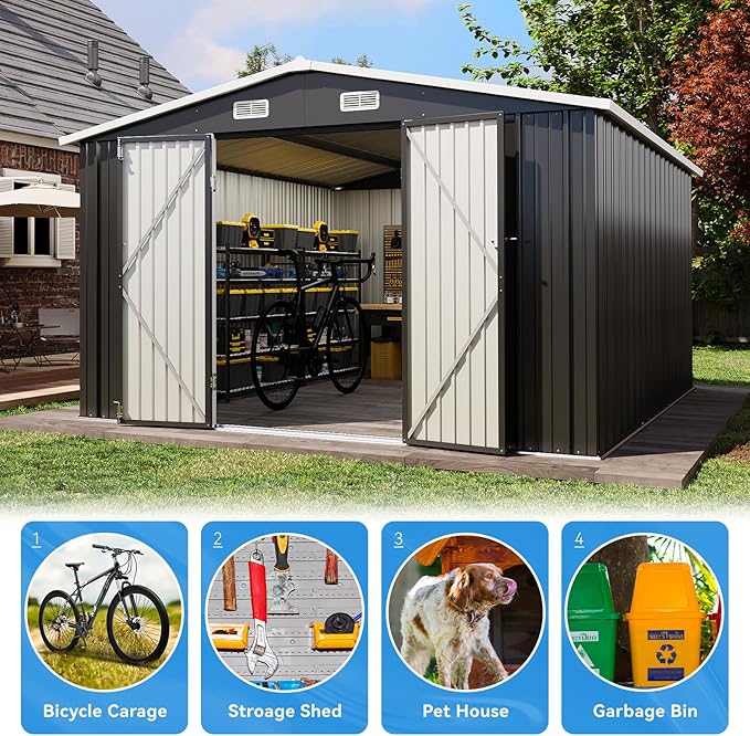 Aoxun 10x12 FT Outdoor Storage Shed - Metal Garden Tool Shed with Lockable Doors & Slooping Roof, Waterproof Outside Storage Shed Ideal for Tools, Garden Equipment & Bikes, Patio Placement(Black)