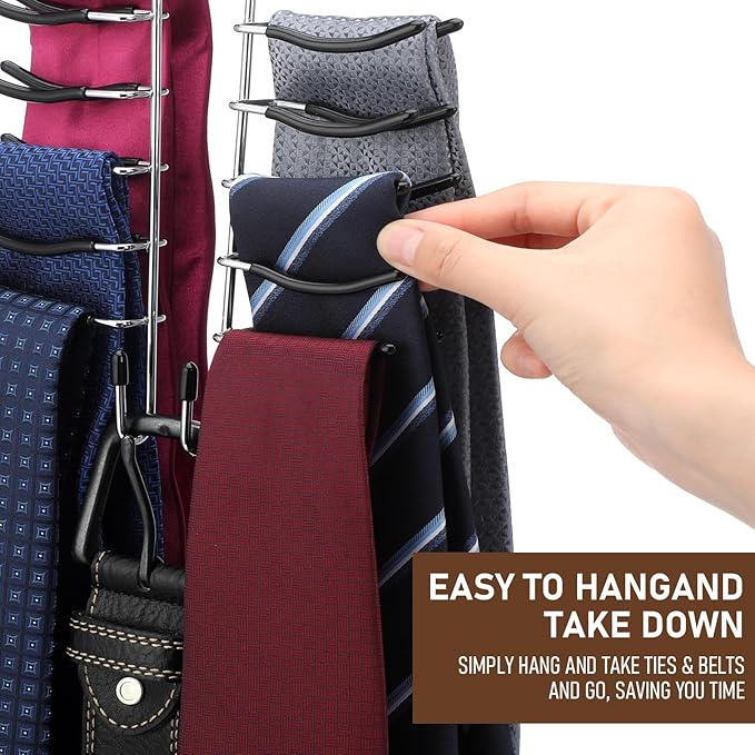 Kathfly 3 Pcs Swivel Tie with Belt Hanger Chrome Tie & Belt Hanger Organizer Black 360 Degree Swivel Space Saving Storage Holder with Non-Slip Sleeve for Men, 26 Hooks