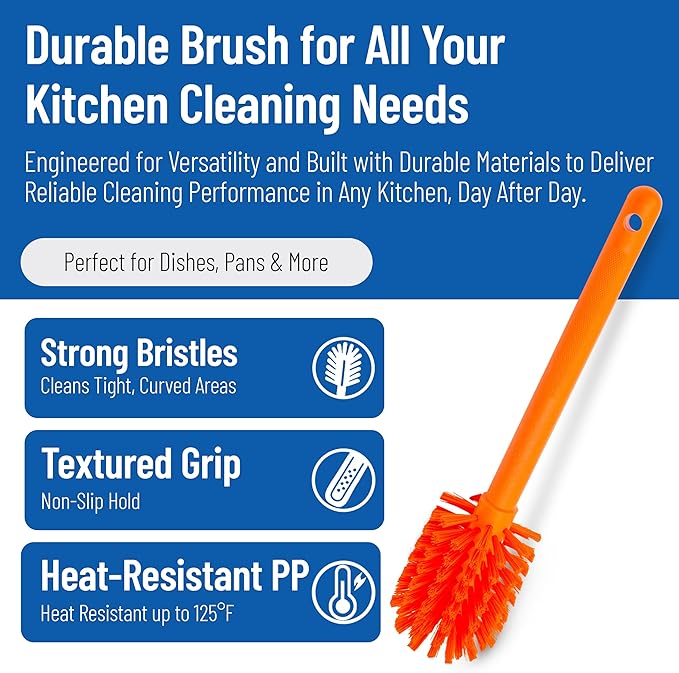 SPARTA Large Water Bottle Brush Ideal for Wide-Mouth Jars, Bottles and Tumblers, Dishwashing Tool with Handle for Home and Commercial Kitchens, Plastic, 12 Inches, Orange, (Pack of 6)