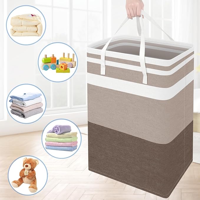 BlissTotes 3-Pack Laundry Basket, Freestanding＆Waterproof Laundry Hamper, Collapsible Tall Clothes Hamper with Easy Carry Handles for Clothes, Towels in the Family and Dorm,Gradient Khaki,75L