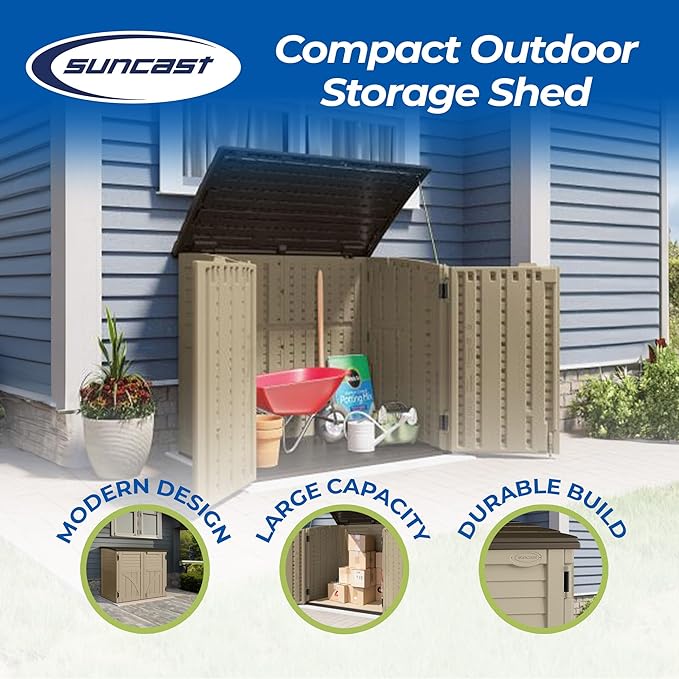 Suncast Horizontal Shed, Compact Outdoor Storage System, 34 Cu. Ft. Capacity, Sand & Slate - Lockable Multi-Wall Resin Organizer for Garbage Cans, Garden Tools, Bins, Bikes and Yard Equipment