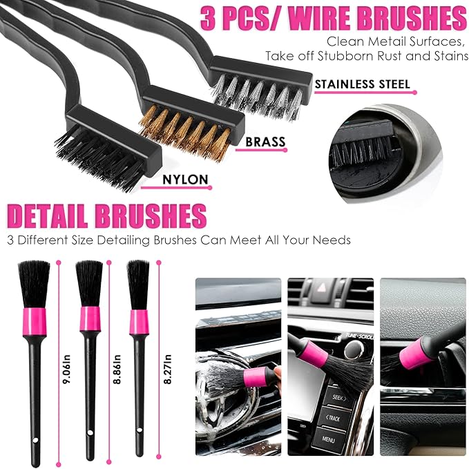 Viewsun 20PCS Car Cleaning Kit, Pink Car Interior Detailing Kit with Drill Brush Set, Windshield Cleaning Tool, Detailing Brushes, Wire Brushes, Cleaning Gel, Complete Cleaning Supplies for Women