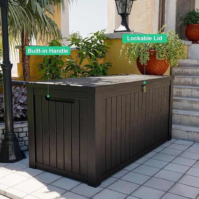 180 Gallon Outdoor Deck Box,Waterproof Resin Outdoor Storage Boxes, Outside Storage Lockable Container for Garden Tools,Indooor Cushions,Accessories (Black)