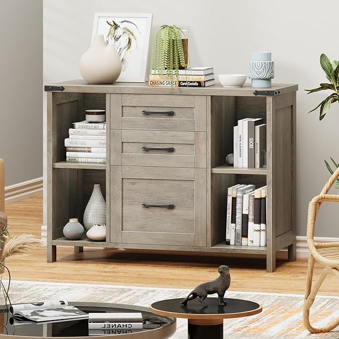 3 Drawer File Cabinet, Farmhouse Lateral Filing Cabinet Fits File Letter or A4 Size, Wooden Printer Stand with Open Storage Adjustable Shelf for Home Office, Grey