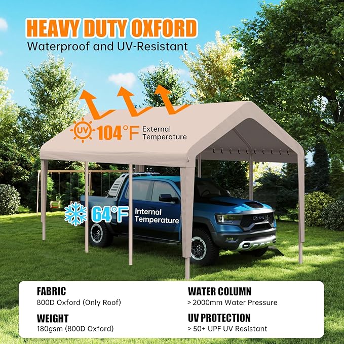 Carport Canopy 10'x20' Heavy Duty Replacement Cover, Garage Shelter Cover 800D Oxford Waterproof & UV Protected Tarp with Ball Bungees, Not Include Frame - Beige