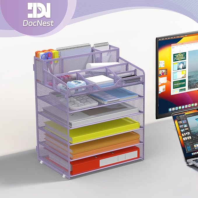 Docnest 6 Tier Mesh Desk Organizer for Paper Office Supplies – Multi-Functional Letter Tray with 5 Adjustable Compartments, 3 Pen Holders, Desktop Storage for Files, Mail, Stationery – Purple