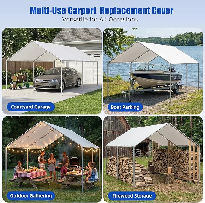 10x20Ft Carport Replacement Canopy Cover, Heavy Duty Waterproof Garage Top Shelter Cover Car Canopy with Ball Bungees(Frame Not Include)