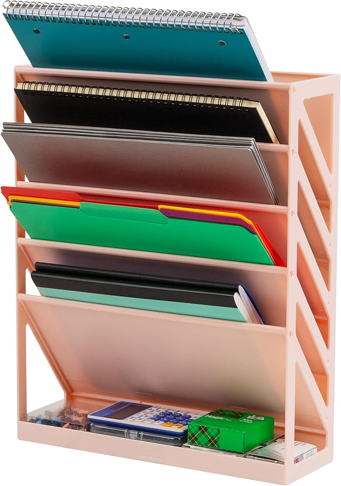 Mind Reader 5-Tier Vertical File Storage, Desktop Organizer, Wall Mount, Office, Plastic, 13"L x 4.25"W x 16"H, Pink