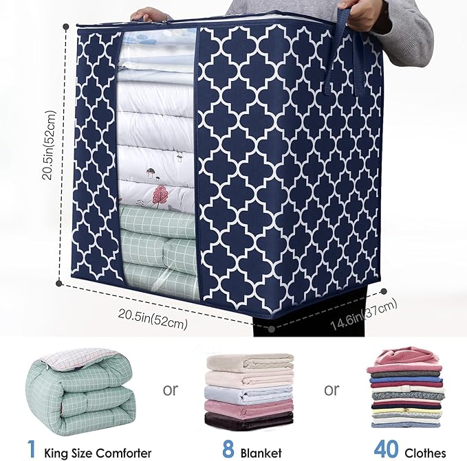 WISELIFE Storage Bags 6 Pack/100L Large Blanket Clothes Organization and Storage Containers for Comforters,Bedding, Foldable Organizer with Reinforced Handle, Clear Window, Sturdy Zippers,Blue