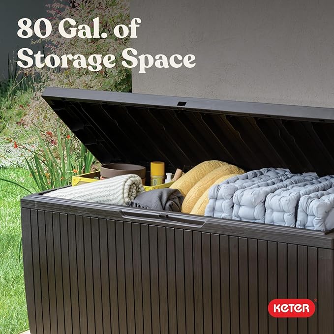 Keter Springwood 80 Gallon Resin Outdoor Storage Box for Patio Furniture Cushions, Pool Toys, and Garden Tools with Handles, Brown