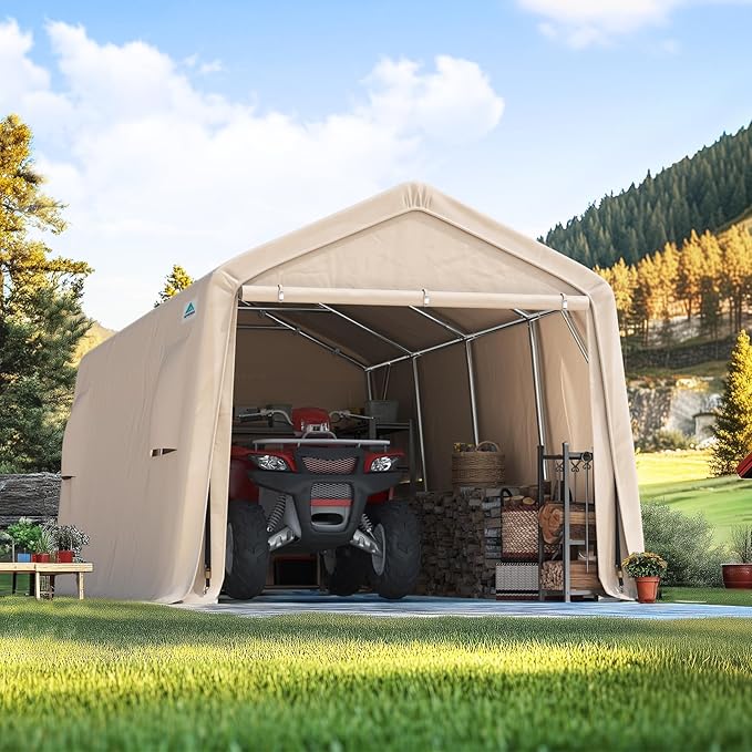 ADVANCE OUTDOOR Heavy Duty Carport 10X20 ft Outdoor Patio Portable Canopy Storage Shelter Shed with 2 Rolled up Zipper Doors & Vents for Snowmobile Garden Tools, Beige