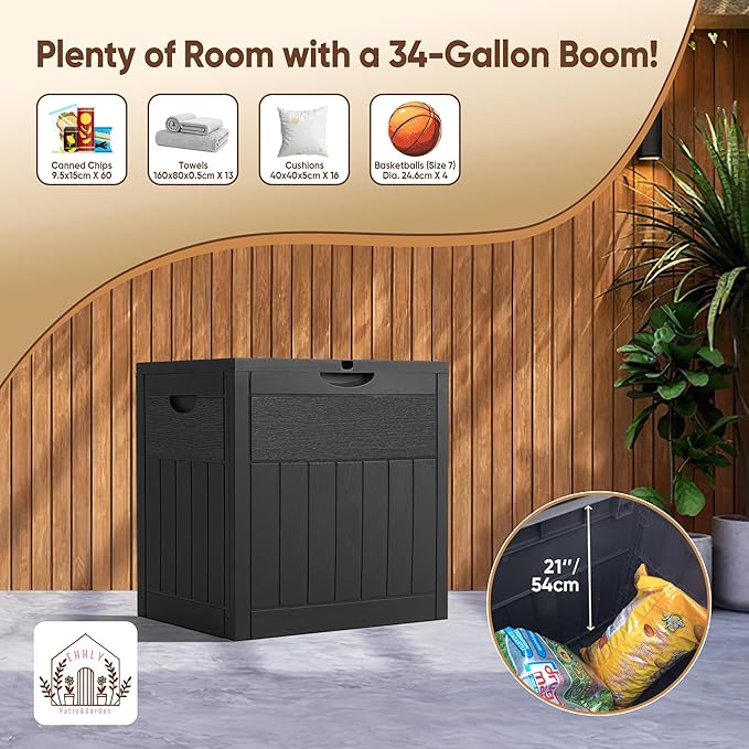 EHHLY 31 Gallon Deck Box, Small Outdoor Storage Box Waterproof, Lockable Secure Package Bin Delivery Box for Outside Front Porch, Patio Cushions Storage Box, Delivery Driver Snack Box for Porch, Black