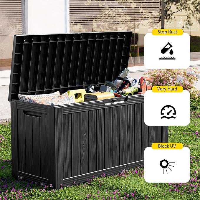 75 Gallon Outdoor Deck Box,Waterproof Resin Outdoor Storage Boxes, Outside Storage Lockable Container for Garden Tools,Indooor Cushions,Accessories (Black)