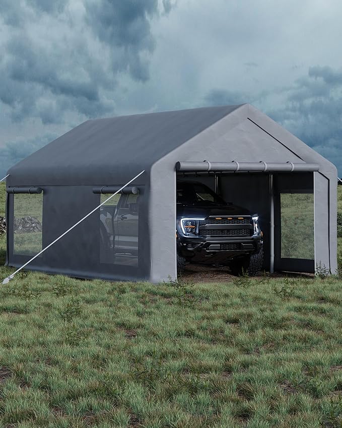 GarveeLife 12x20 ft Portable Garage, Car Port with 200 g PE Tarp Cover, with Front & Rear Roll-Up Doors and 4 Windows, for Temporary Paint Booth, Boats&Pickups Shed, and Event Shelter, Gray