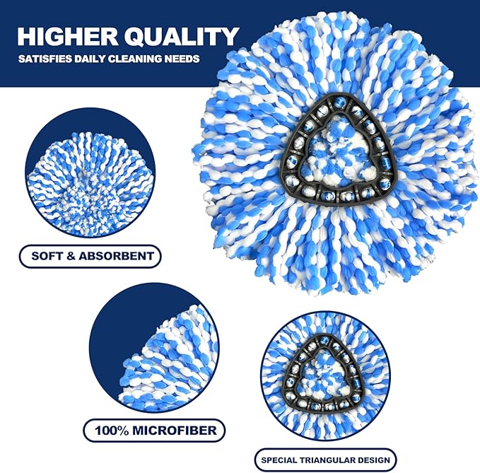 2-Tank Spin Mop Replacement Head, 3 Pack Mop Head Replacement, Microfiber, Machine Washable, Easy to Replace and Deep Cleaning