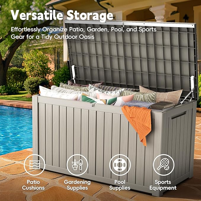 Outdoor Storage Box, 200 Gallon Waterproof Resin Deck Box, Storage Bin for Package Delivery, Patio Furniture Cushion, Garden Tools, Pool Accessories, Weatherproof and UV Resistant, Grey