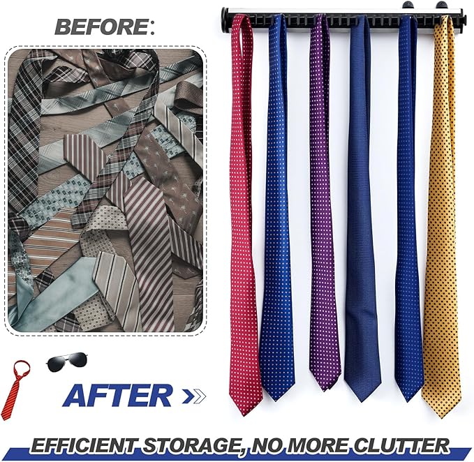Maxdot Sliding Tie Racks 28 Tie Hanger Pull-Out Belt Rack Scarf Belt Storage Display Rail for Wardrobe Home Gift Retail Store Organizer for Side Mount(18.1 x 3.4 Inch)