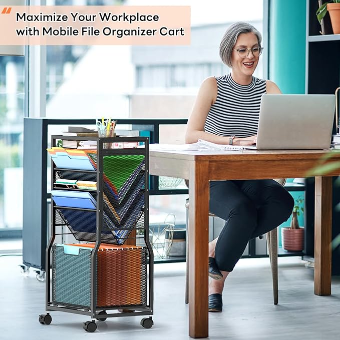 8 Tier Rolling File Cart with Hanging File Folder Organizer, Mobile File Organizer with 2 Sides Access Bookcase, Beside/Under Desk Cart with Wheels for Office Home School