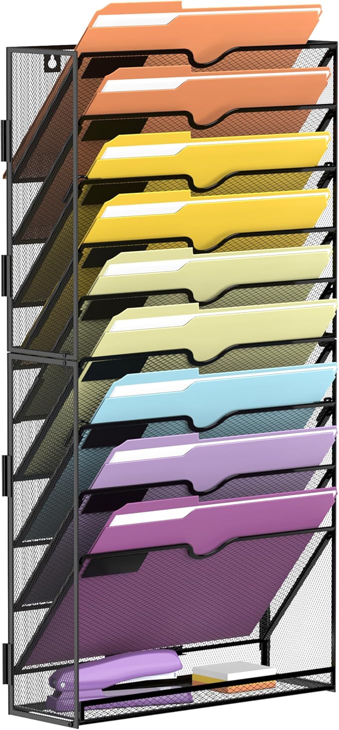 SUPEASY 10Tier Hanging Wall File Holder Organizer for Papers, Folders, Files Clipboard & Magazine Organization Great for Office Home, Assembly Needed, Black