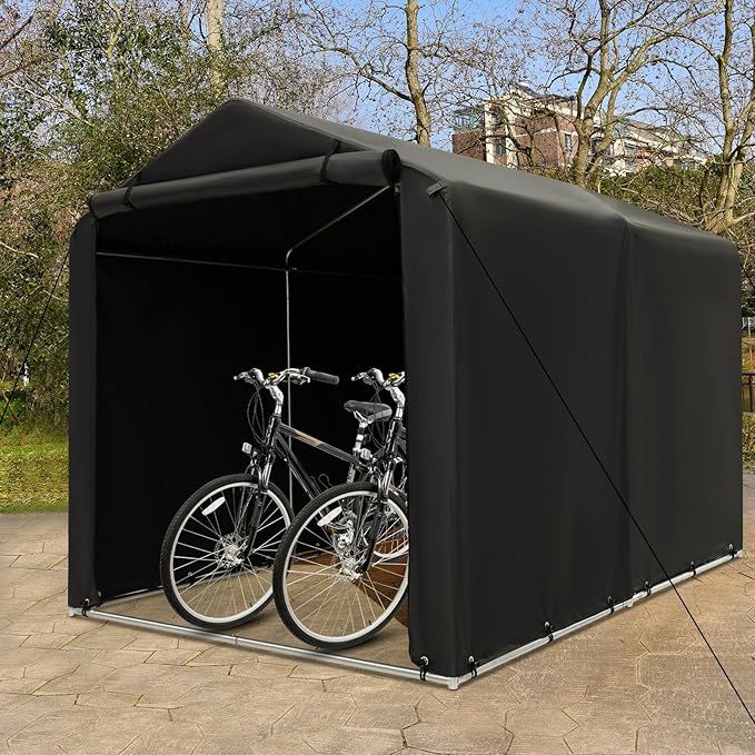 Goplus Portable Storage Shed, 7 x 5.2 x 5.4 Ft Heavy Duty Motorcycle Shed w/Roll-Up Zipper Door, Metal Frame, Waterproof Cover & Wind Rope, Outdoor Storage Tent Shelter for Bike, Garden Tools