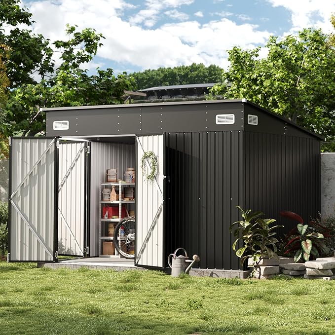 Aoxun 9.4' x 7.3' Shed 360 CU.FT Outdoor Waterproof Storage Shed with Triple Lockable Door Garden Metal Tool Shed for Outside