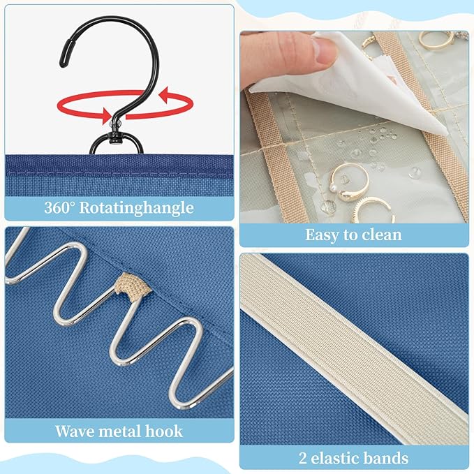 GMAK Hanging Jewelry Organizer with Hanger Metal Hooks, Double-Sided Jewelry Holder Accessories Organizer Storage Roll for Jewelry, Earrings, Bracelets, Necklaces, Rings - Navy Blue
