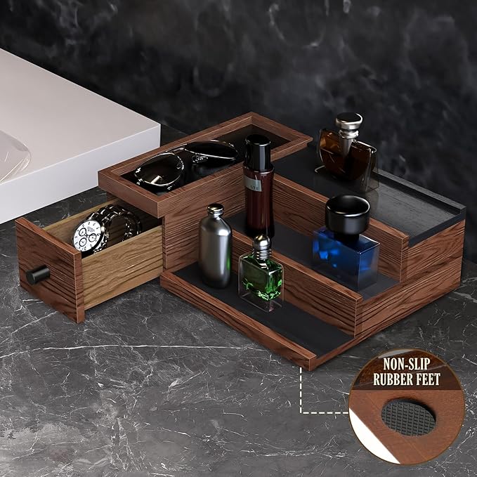 NiHome Handcrafted 3 Tier Wooden Cologne Organizer for Men, Mens Cologne Perfume Stand Organizer Solid Wood W/Hidden Compartments, Multi-Level Storage for Modern Gentleman's Accessory Organization