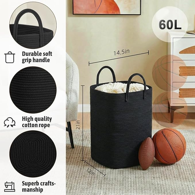 Laundry Basket,Woven Cotton Rope Laundry Hamper,60L Versatile Storage for Dirty Clothes,Baby Toys,and Blankets in Bathroom, Nursery,and Living Room