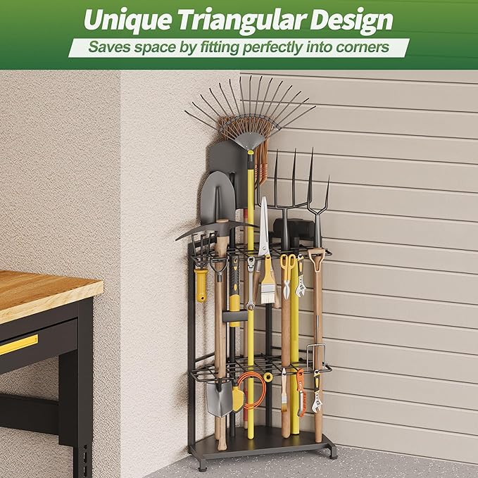 Garden Tool Organizer for Corner - Heavy Duty Metal Rack with 34 Storage Compartments & 14 Hooks for Shovels, Rakes, Long-Handled Tools, Ideal for Garden, Shed, Garage Storage