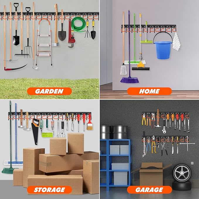 68'' All Metal Garden Tool Organizer Adjustable Garage Tool Organizer Wall Mount Garage Organizers and Storage with Heavy Duty Hooks Tool Hangers for Garage Wall, Shed, Garden