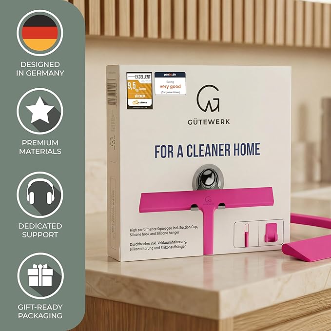 GÜTEWERK Shower Squeegee for Glass Doors, Silicone Window Squeegee, Bathroom and Glass Cleaning - Pink - 15 Inch
