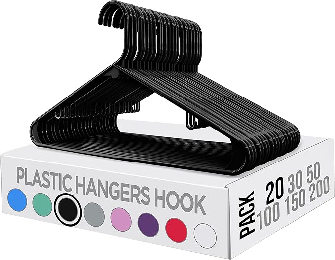 Utopia Home Plastic Hangers Pack - Clothes Hanger with Hooks - Durable & Space Saving for Coat & Other Clothing Black Pack of 20