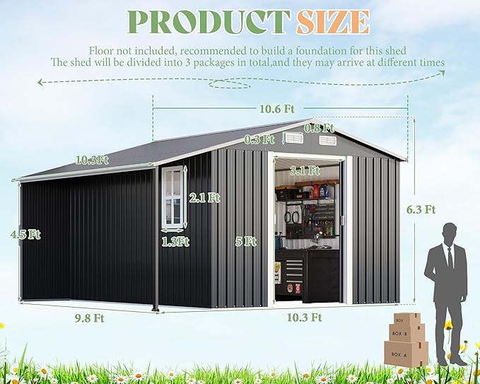 Jocisland Outdoor Storage Shed 10.6x10.3x6.3 FT, Sliding Door Shed with Dual 4-Pane Windows for Wood Storage, Dark Grey/White