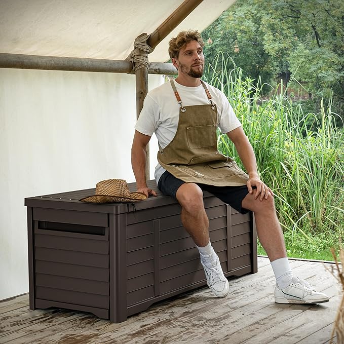 YITAHOME 150 Gallon Large Outdoor Storage Deck Box, Waterproof Cushion Storage Bench with Lockable Lid for Patio, Pool Supplies, Garden Tools, Resin, Dark Brown