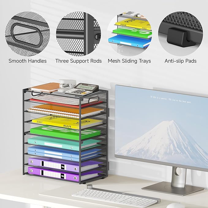9 Tier Paper Organizer with Handle, Large Capacity Desk Organizer Mesh File Folder Letter Paper Tray Desktop Document Sorter for Classroom, School, and Office Accessories Organization - Grey