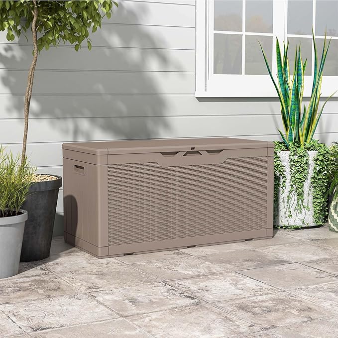 Patiowell 100 Gallon Outdoor Resin Deck Box, Waterproof Large Storage Box for Patio Furniture, Pool Accessories, Garden Tools and Sports Equipment, Lockable, Light Brown