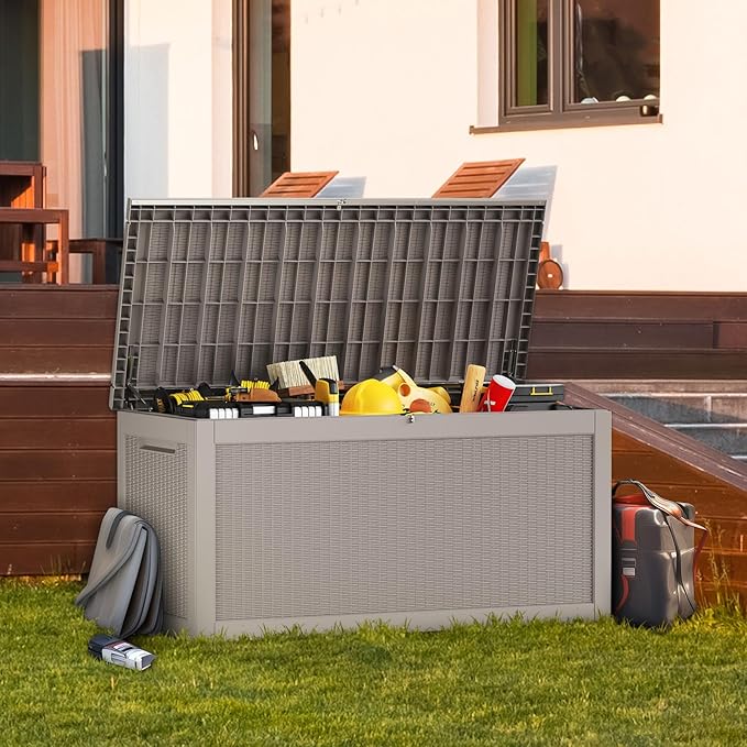 320 Gallon Outdoor Deck Box,Waterproof Resin Outdoor Storage Boxes, Outside Storage Lockable Container for Garden Tools,Indooor Cushions,Accessories (Grey)