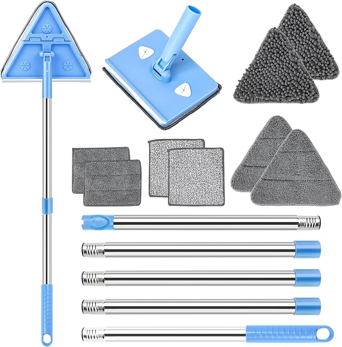 Wall Cleaner Mop with Long Handle 86 Inches, 4-in-1 Ceiling Cleaning Tool Duster with 8 Replacement Microfiber Chenille Pads for Walls, Baseboard, Ceiling, Window, Floor, Cabinet (Light Blue)