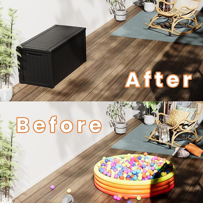 Outdoor Storage Deck Box Waterproof, 200 Gallon Large Lockable Patio Storage Bin Chest, Resin Outside Container Seat Bench for Furniture Cushions, Pool Accessories, Garden Tools & Delivery, Black