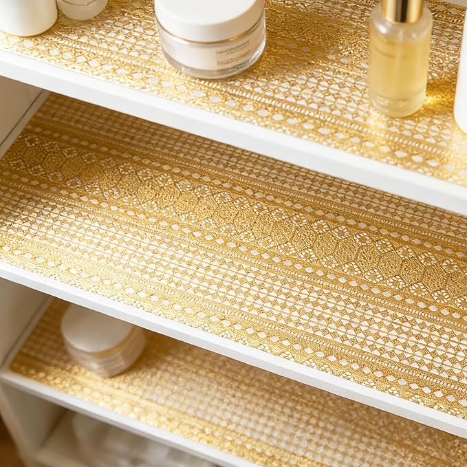 Drawer and Shelf Liner - Gold Geometric Lace Pattern,Non Adhesive Non Slip Waterproof Easy-Clean Shelf Liner for Kitchen Cabinet, Refrigerator, Bathroom, Pantry Storage Drawers, 12 in x 20 Ft
