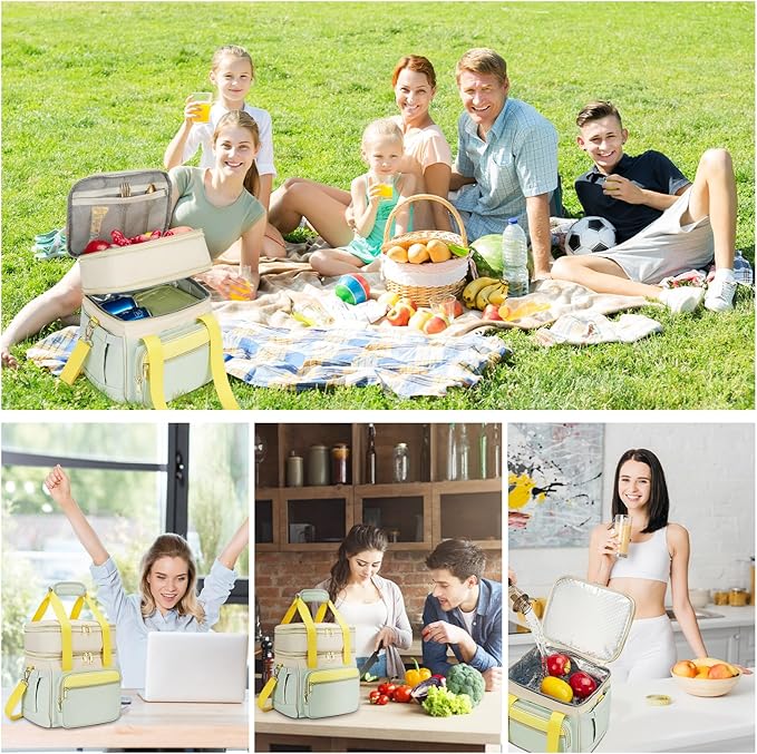 Insulated Lunch Bag & Lunch Box for Women - Double Deck Reusable Lunch Bag for men Tote Cooler Bag Leakproof Soft Expandable - Large Lunchbox for Work/Adult/Picnic/Outdoor (Green，15L)