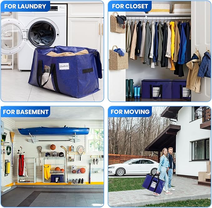 TAILI 10 Pack Dark Blue Extra Large Moving Bags, Heavy Duty Totes with Visible Window, Wrap Around Handles, Great for Space-Saving