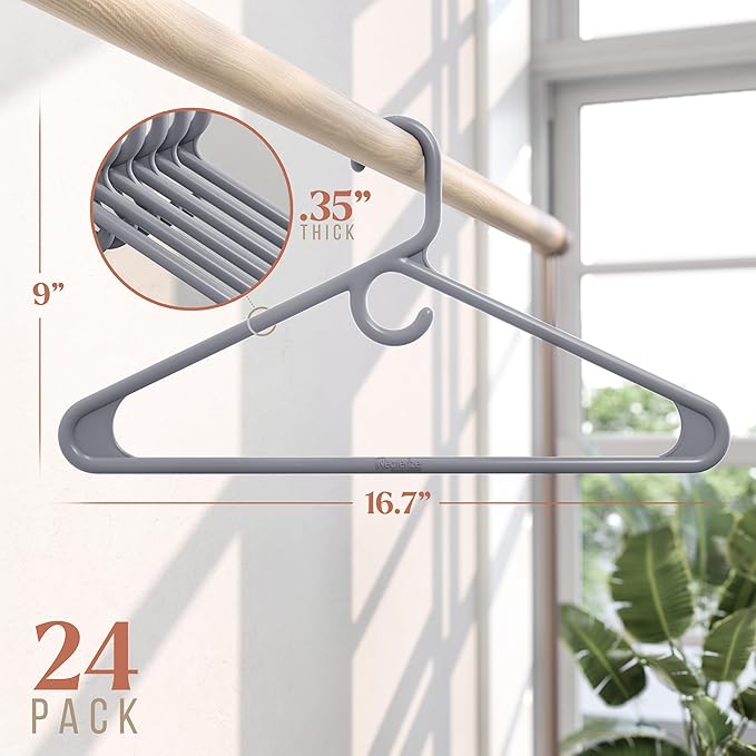 NEATERIZE Ultra Heavy Duty Plastic Clothes Hangers - Grey - Durable Coat, Suit and Clothes Hanger. Perchas De Ropa (24 Pack - Grey)