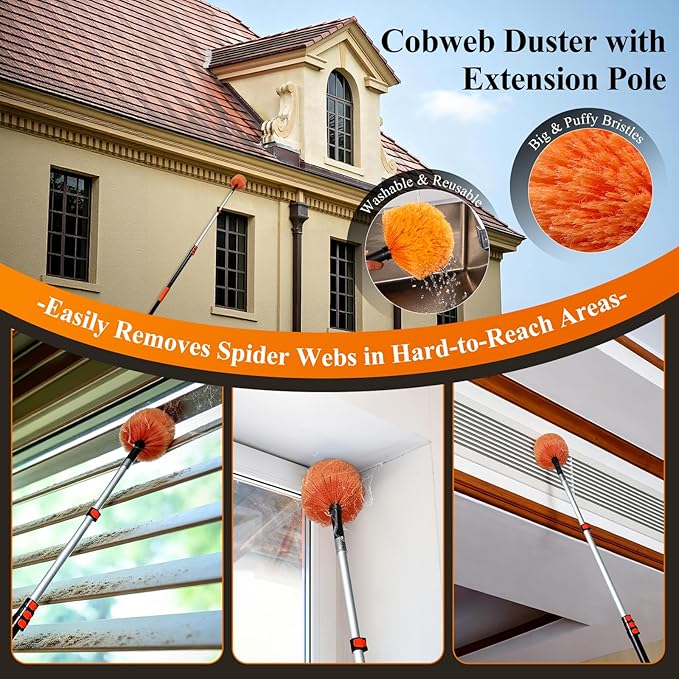 20ft High Reach Cobweb Duster with 12ft Heavy-Duty Extension Pole, Washable & Reusable Spider Web Brush for Indoor & Outdoor Cleaning, Soft Bristle Spider Web Cleaner for High Ceilings & Eaves