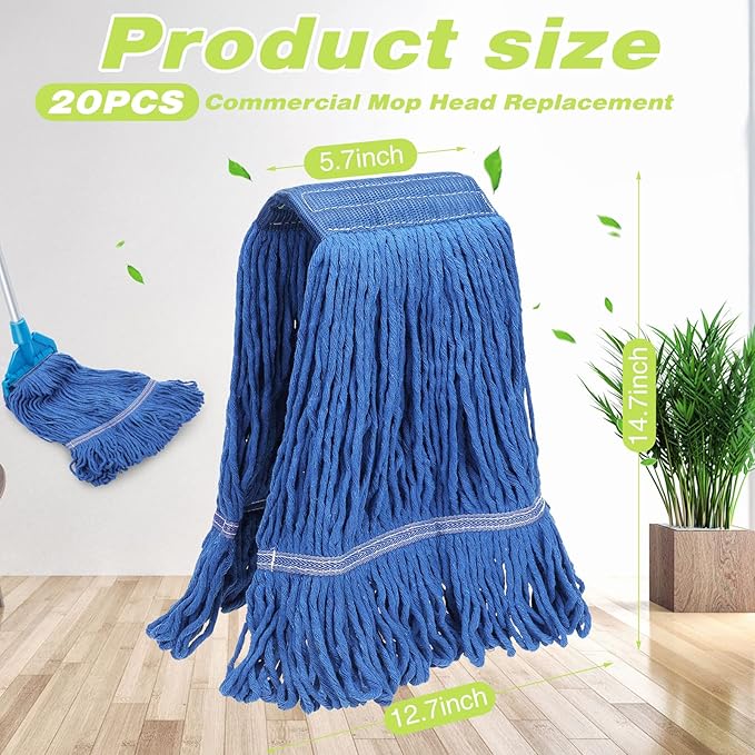 20 Pcs Commercial Mop Head Replacements Bulk, 29 Inch Blue Microfiber Looped End Heavy Duty Mop Heads Cotton String Washable Floor Mophead Refills for Commercial Industrial Home Cleaning