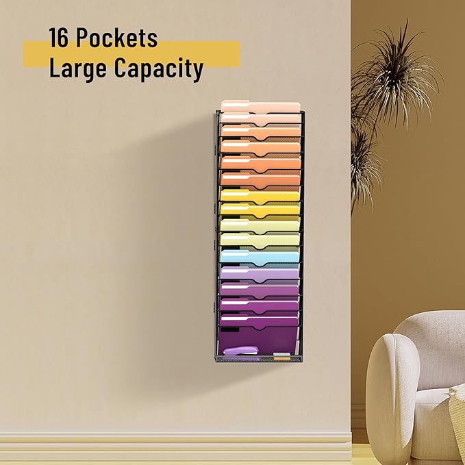 SUPEASY 16-Tier Hanging Wall File Holder Organizer for Papers, Folders, Files Clipboard & Magazine Organization Great for Office Home, Assembly Needed, Black