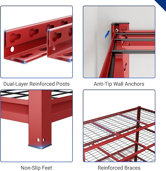 FLEXIMOUNTS 60" W Garage Shelving, 5 Tier Storage Shelves Load 1500LBS, Adjustable Garage Shelving Heavy Duty, Metal Shelves Unit for Basement, Warehouse, 60" W x 72" H x 24" D, Red