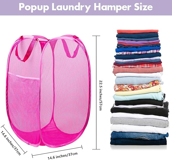 DUCOO Pop Up Hamper, 2 PCS Mesh Pop Up Laundry Hamper, Foldable Mesh Laundry Basket with Space Saving Design for Home, Dorm, Travel and Storage, Pink