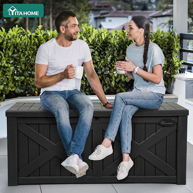 YITAHOME 150 Gallon Large Outdoor Storage Box with X-Shaped Front, Waterproof Resin Deck Box Cushion Storage Bench for Patio, Pool Supplies, Garden Tools - Lockable, Black